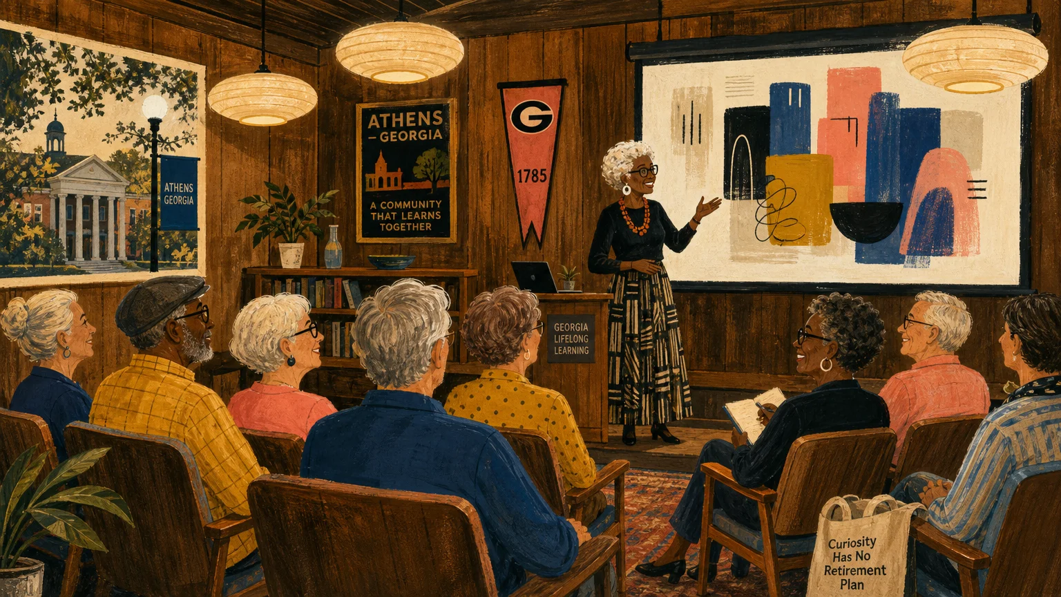A warm gouache illustration of retirees engaged in a local university lecture, representing community connection.