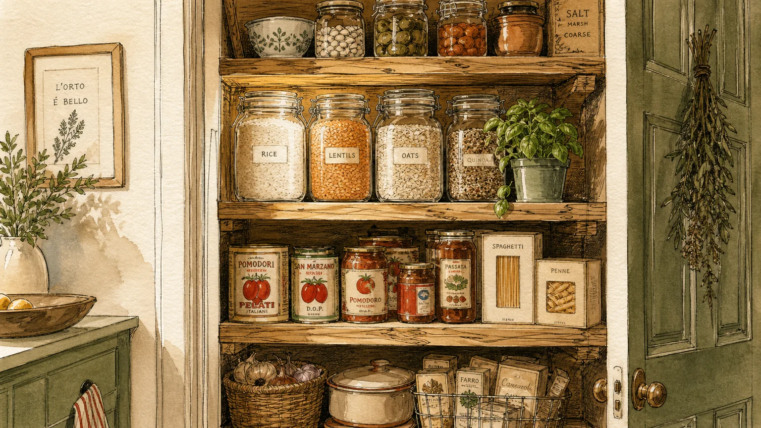 A warm watercolor illustration of a neatly organized kitchen pantry stocked with dry staples like grains, beans, and canned goods.