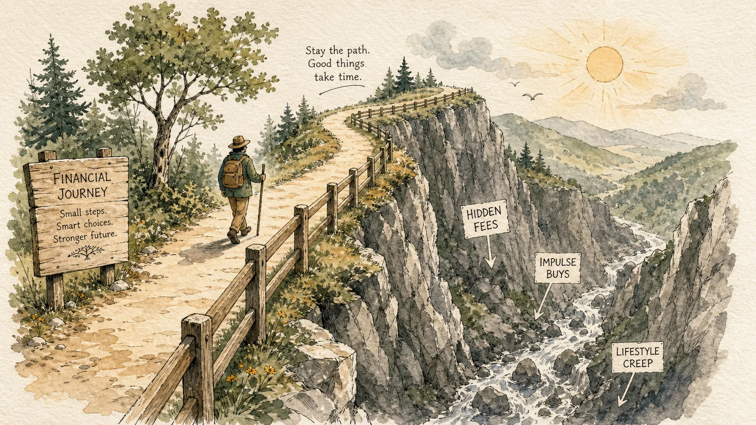 A watercolor illustration of a walking path with a secure wooden guardrail keeping a traveler safe from a steep drop-off.
