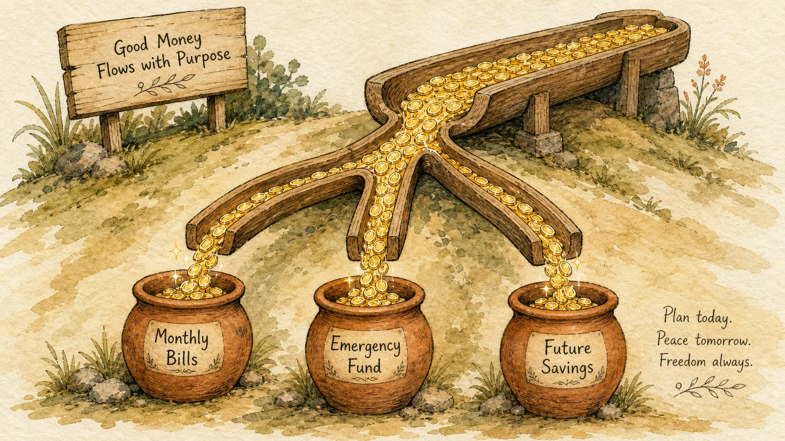 A watercolor illustration of golden coins flowing down a wooden channel into three labeled clay pots.