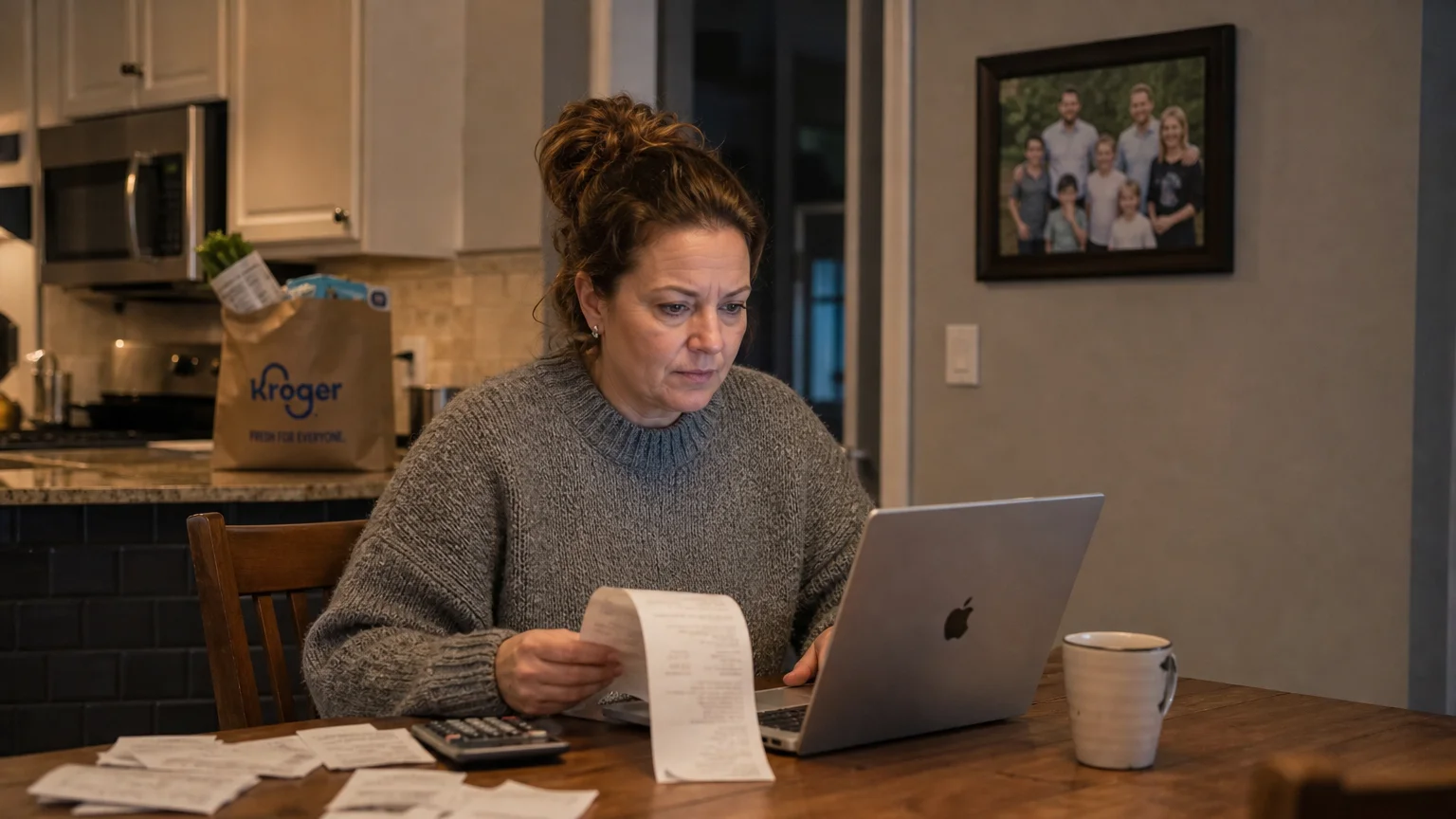 A woman at her kitchen table looking at a grocery receipt and a laptop, reflecting real-world budget management.