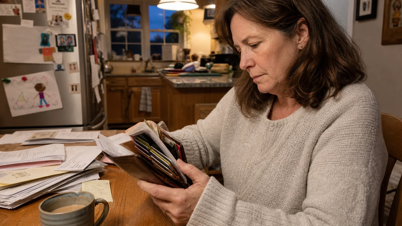 A woman at her kitchen table looking into a wallet stuffed with receipts and cards in a natural, candid home setting.