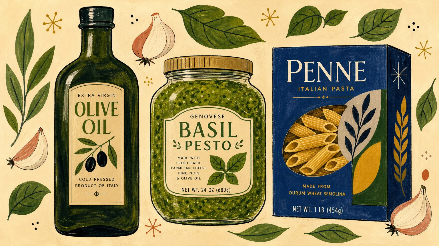 An artistic gouache illustration of a bulk olive oil bottle, a large jar of basil pesto, and a box of pasta on a beige background.