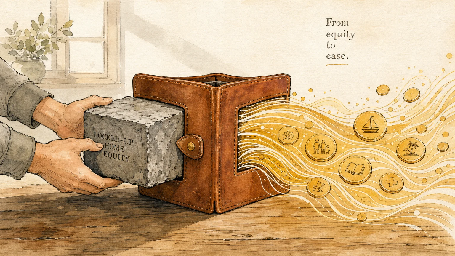 An artistic illustration of a wallet transitioning a heavy stone block into a flowing stream of golden coins, symbolizing liquidity.