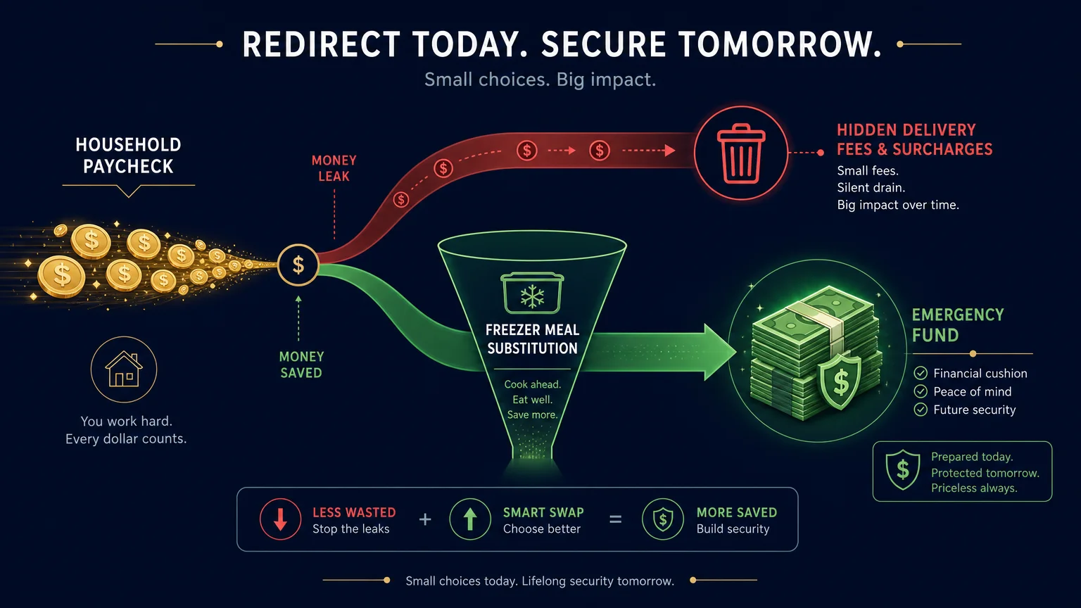 An editorial flow diagram showing a paycheck being redirected away from delivery app fees into savings via freezer meal substitution.