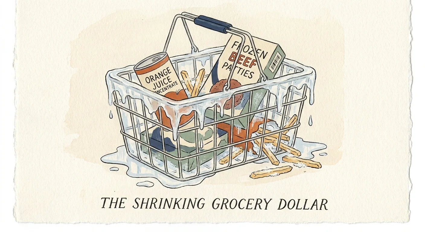 An editorial illustration of a grocery basket made of melting ice, containing orange juice, beef patties, and french fries.