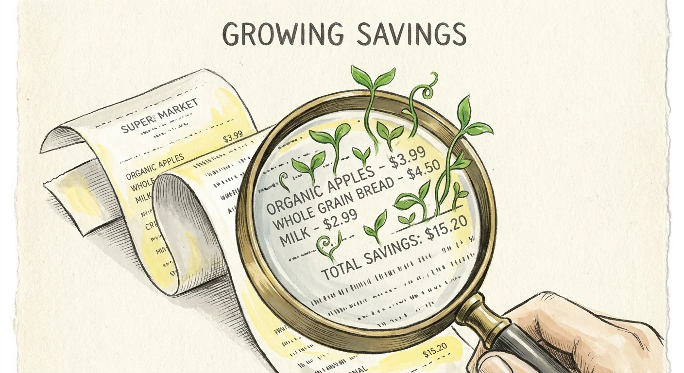 An editorial illustration of a magnifying glass focusing on a grocery receipt, revealing green leaves growing from the text.