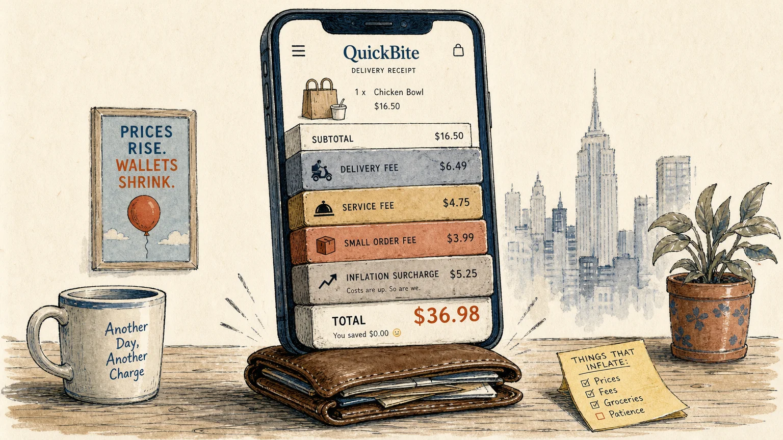 An editorial illustration of a smartphone screen with heavy blocks of delivery fees weighing down on a small leather wallet.