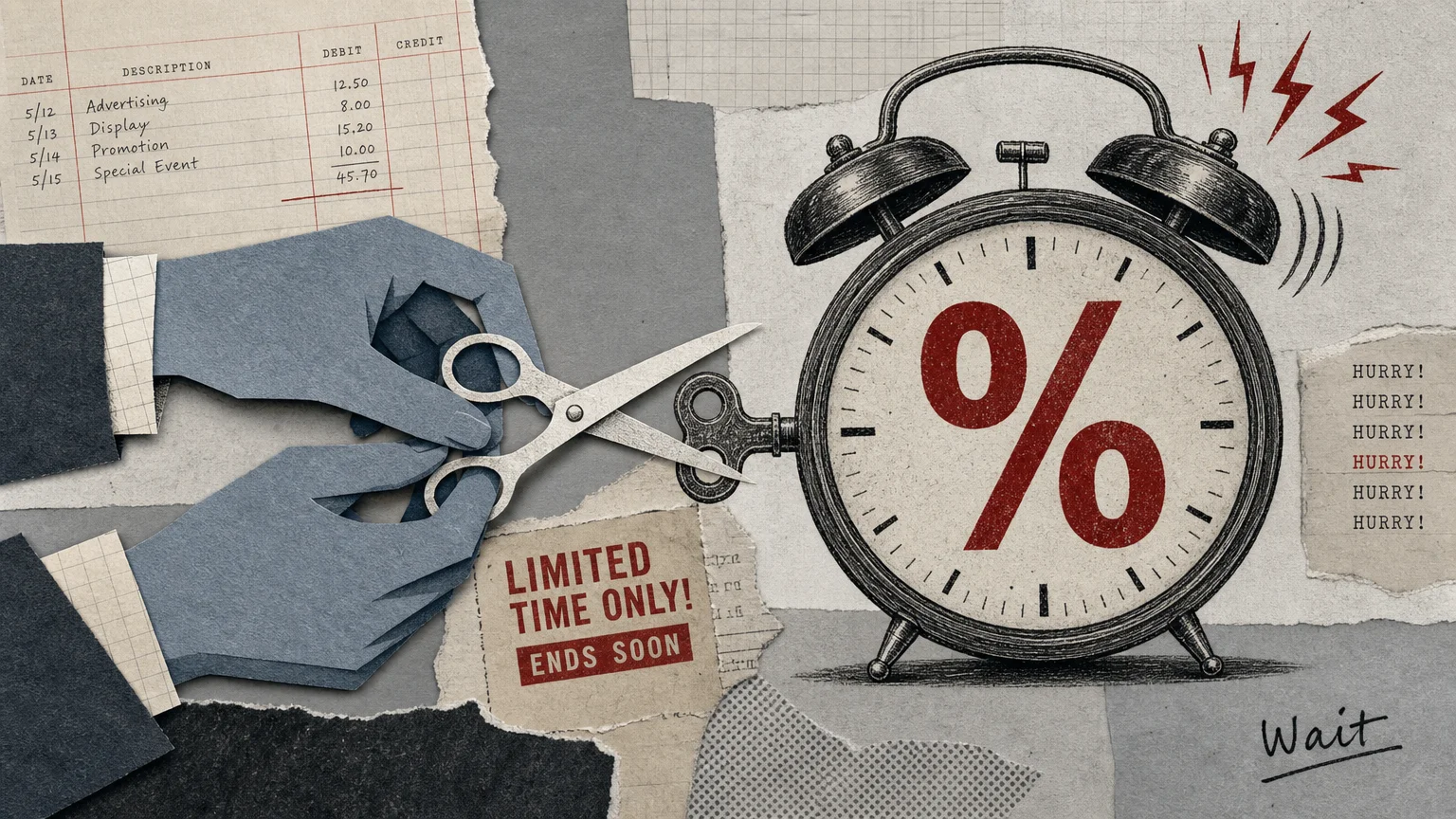 An editorial mixed-media collage of an alarm clock with a percent sign, symbolizing retail pressure, being defused by scissors.