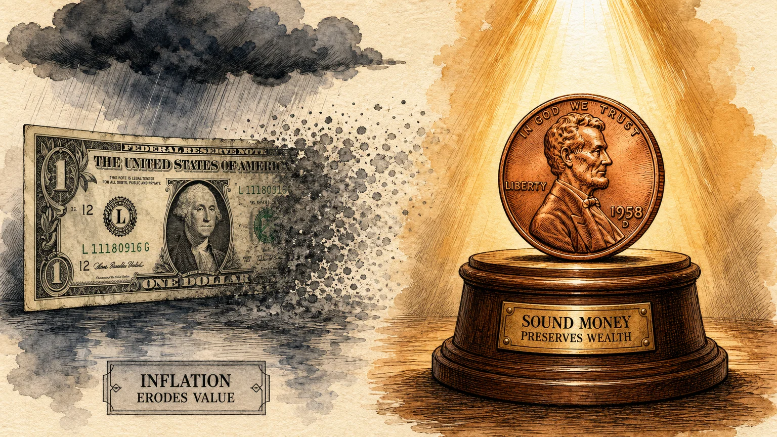 An editorial watercolor illustration contrasting a dissolving paper dollar with a solid, glowing copper coin on a pedestal.
