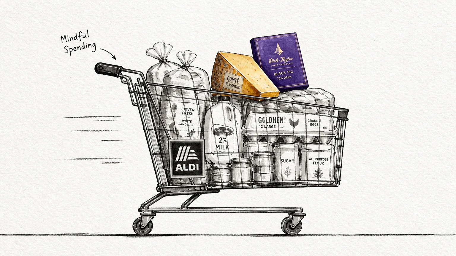 An illustration showing a shopping cart full of staples with a few brightly colored specialty snacks on top.