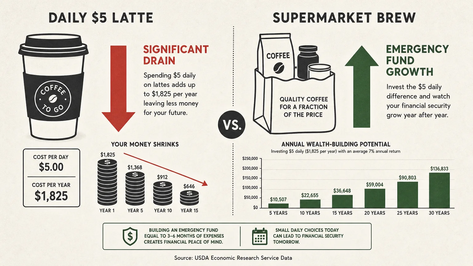 An infographic comparing the high cost of a five dollar daily latte to the savings potential of switching to supermarket coffee.