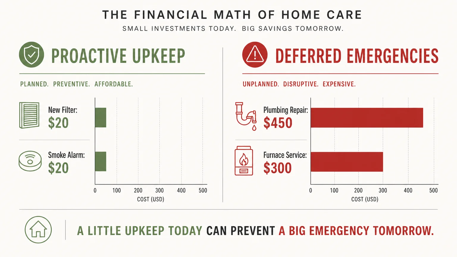 An infographic comparing the low costs of proactive filter and alarm replacements against high emergency repair bills.