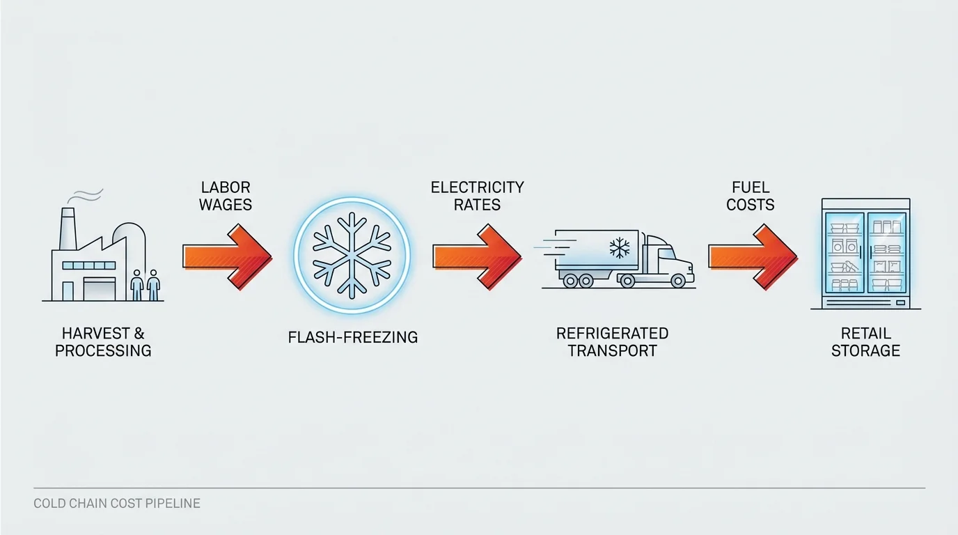 An infographic flowchart mapping out the rising costs in the cold chain process from processing to retail storage.