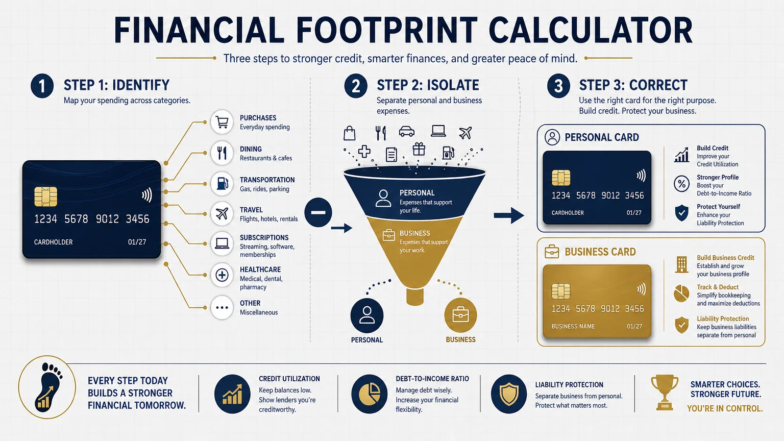An infographic showing the three steps to correcting a financial footprint: Identify, Isolate, and Correct.
