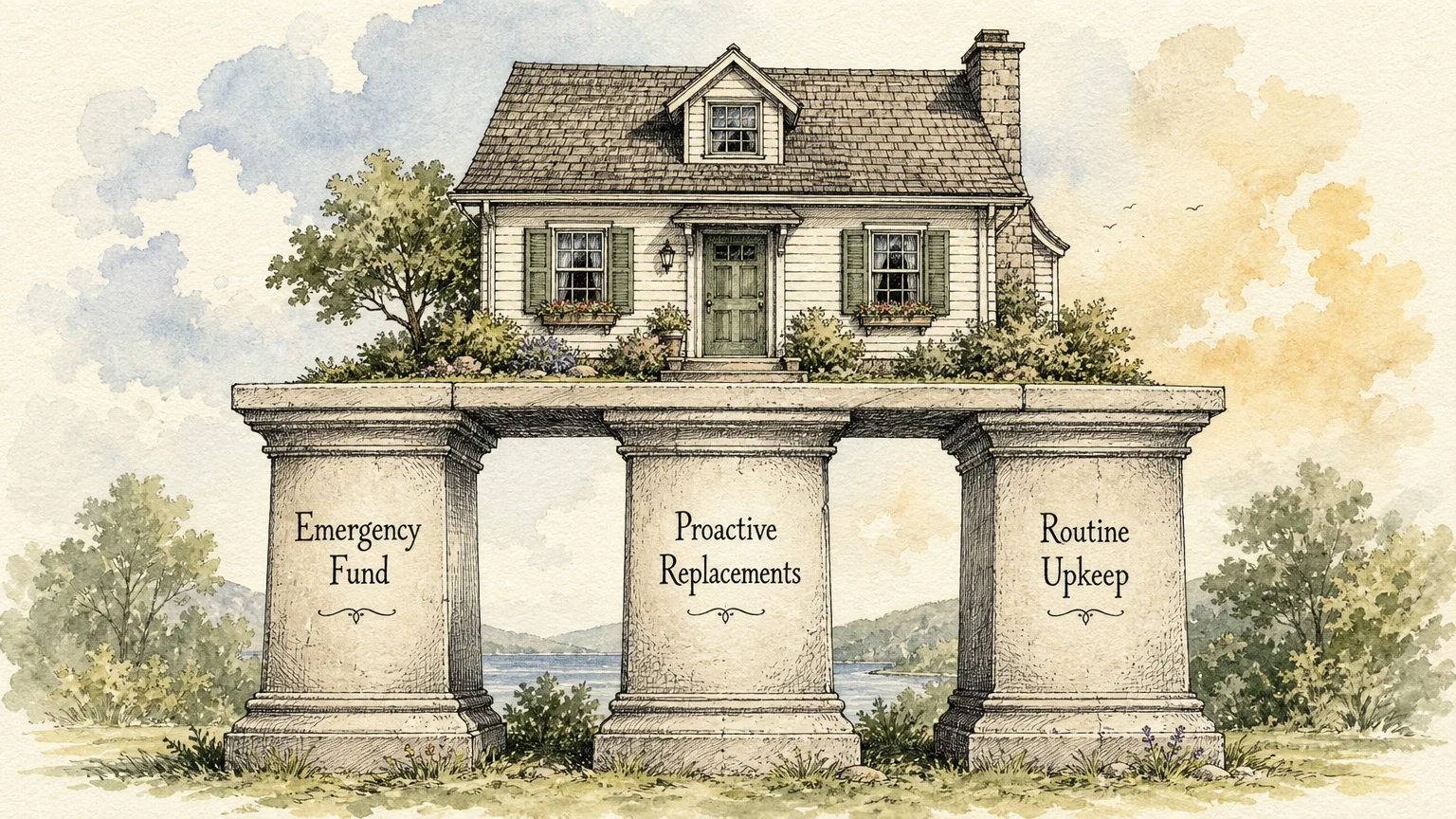 An ink and watercolor drawing of a home resting on three stone pillars labeled Emergency Fund, Proactive Replacements, and Routine Upkeep.