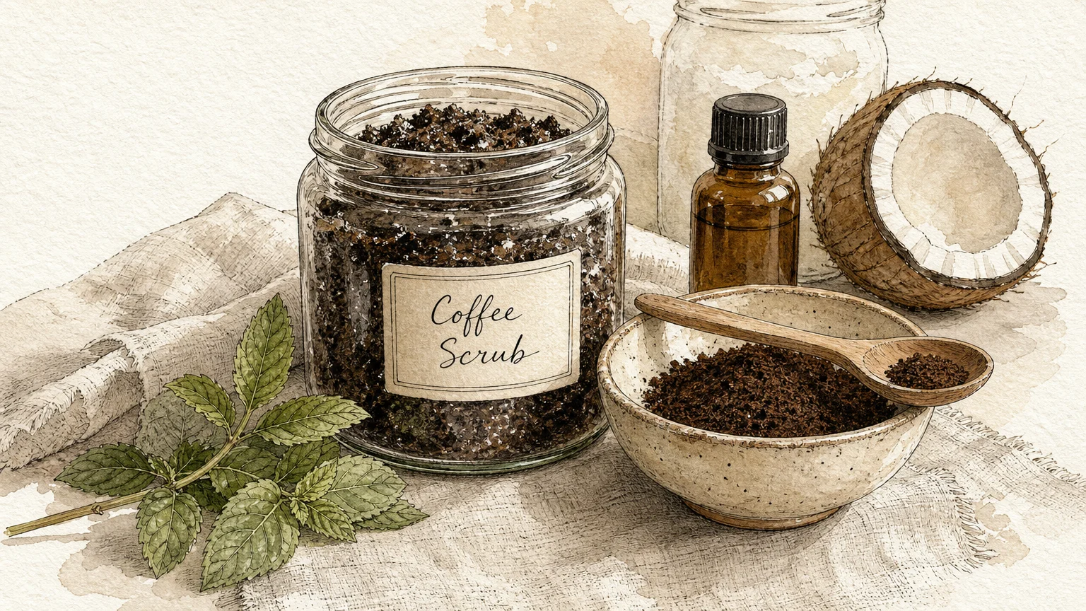An ink and watercolor illustration of a DIY coffee body scrub jar next to a small ceramic bowl of coffee grounds.