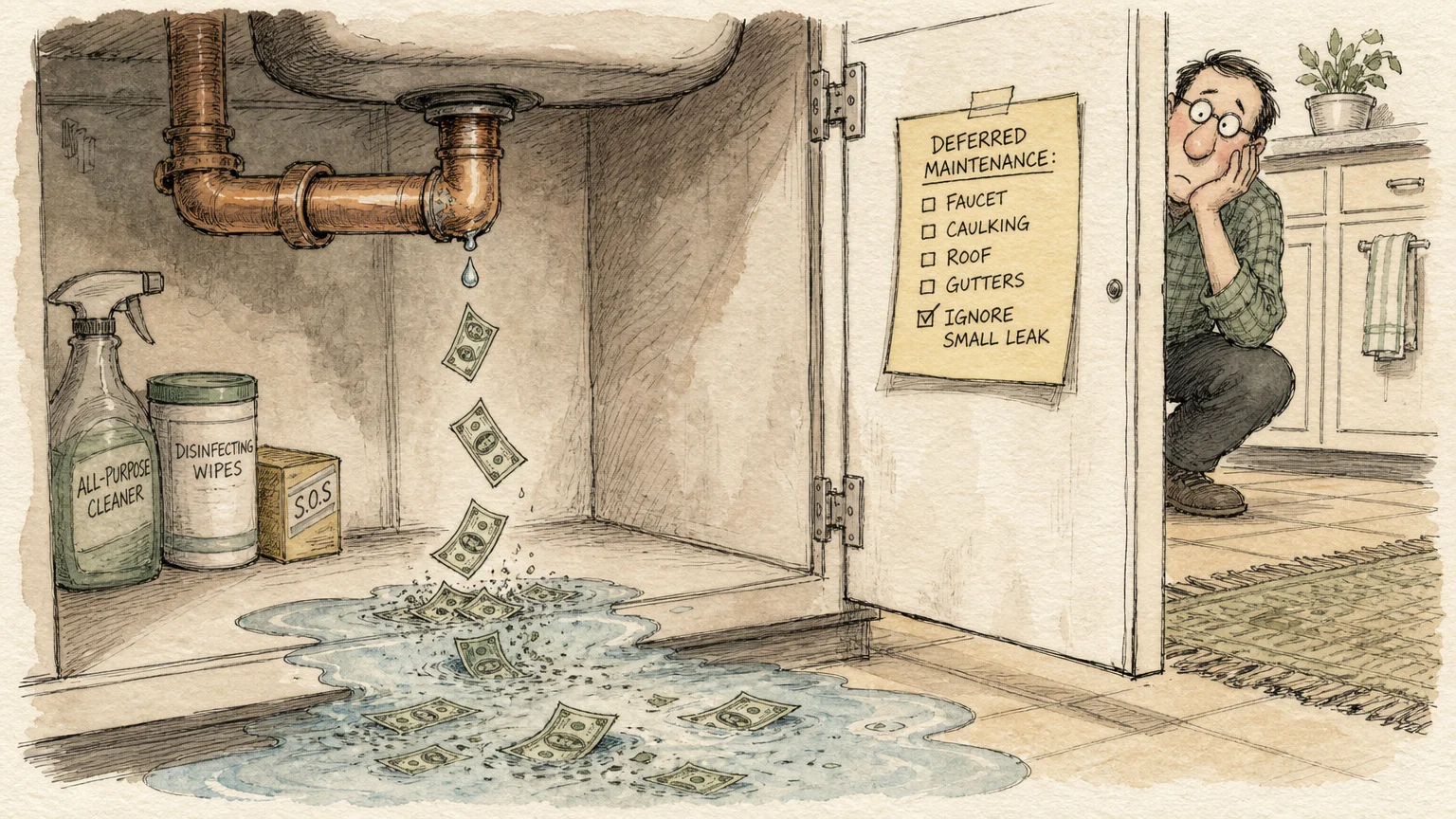 An ink and watercolor illustration of a leaking pipe under a sink where water droplets turn into dissolving dollar bills.