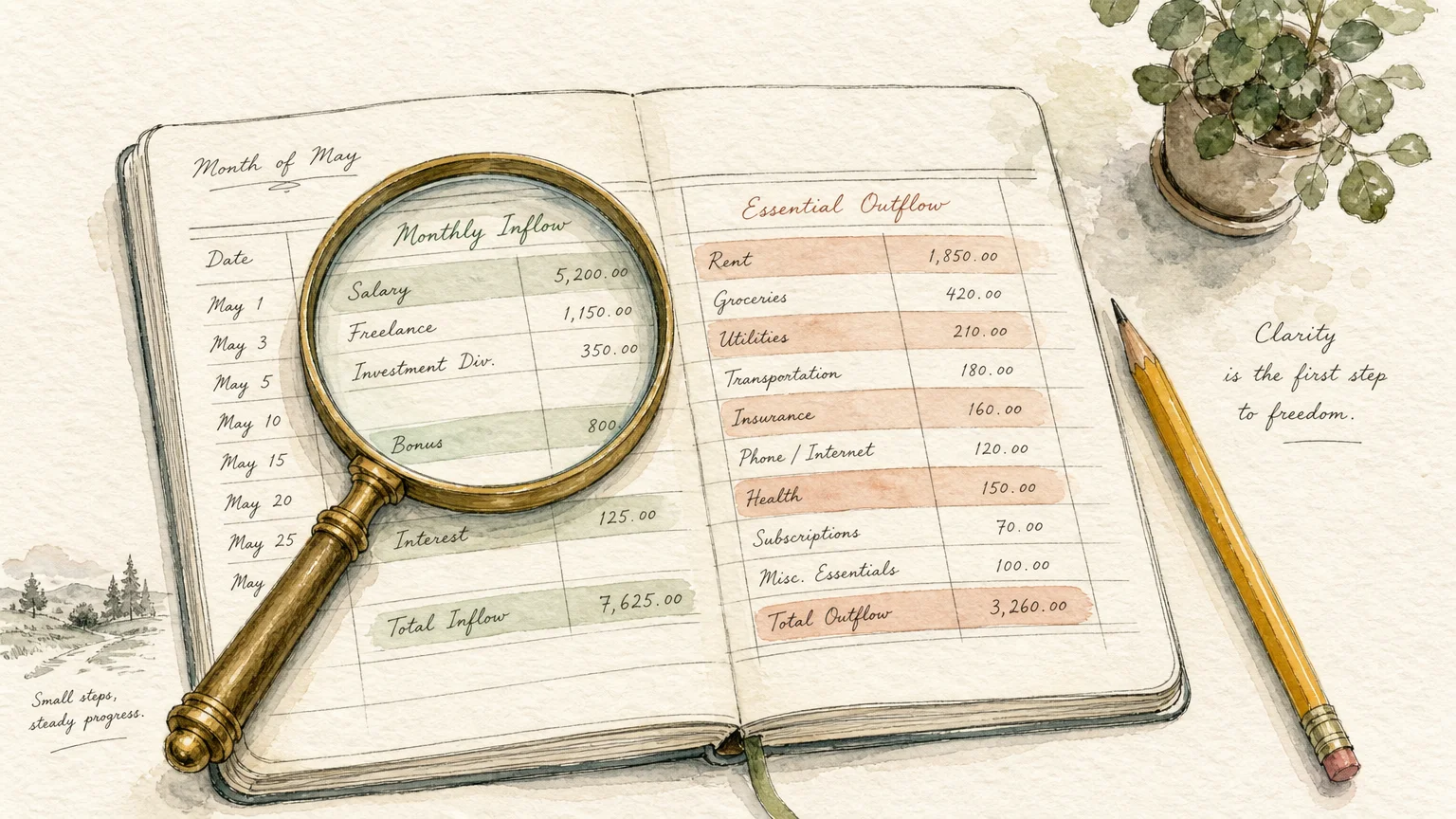 An ink and watercolor illustration of a magnifying glass resting on a neat financial ledger with highlighted columns.