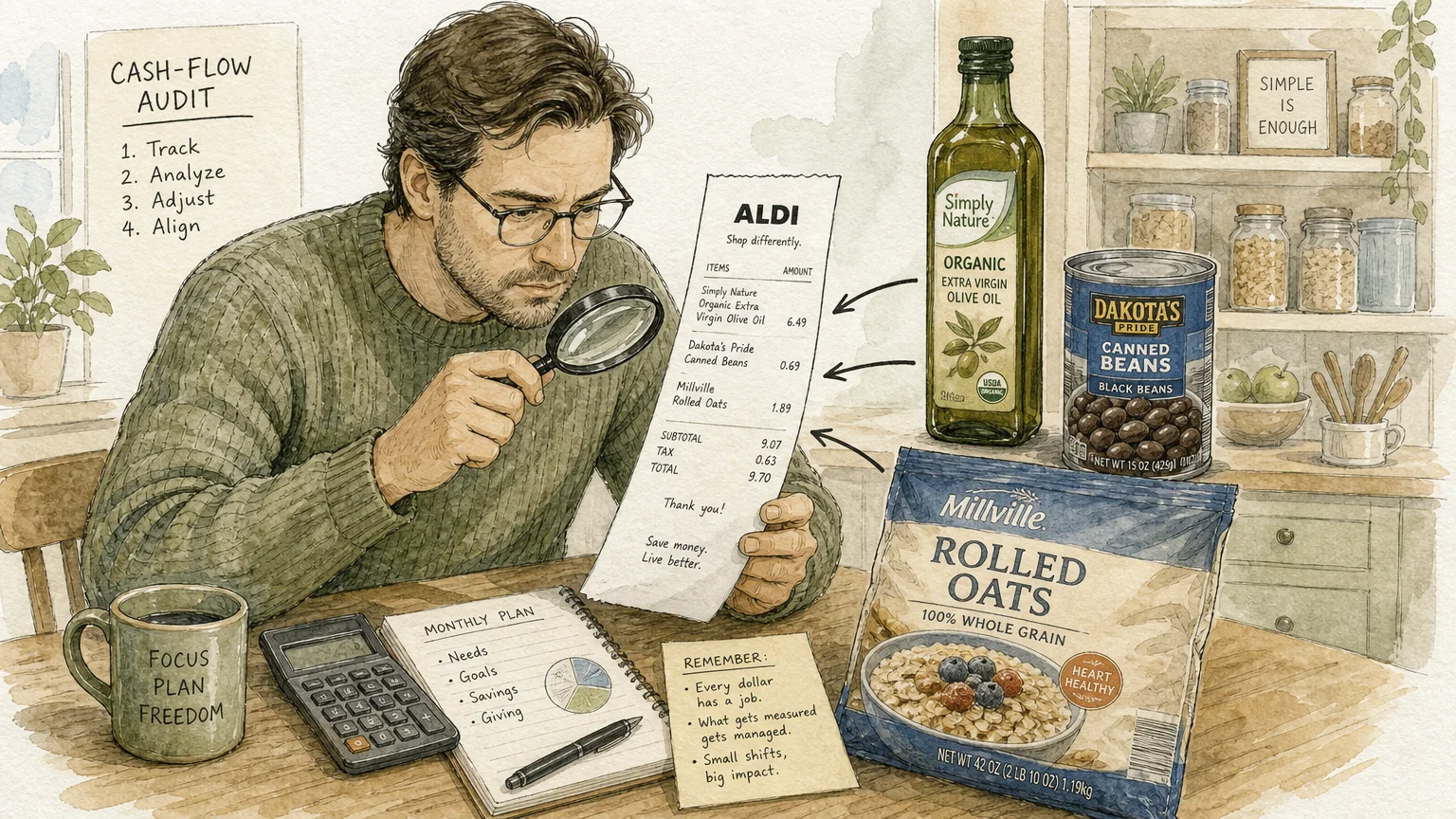 An ink and watercolor illustration of a person auditing grocery costs with Aldi pantry staples like beans and oats.