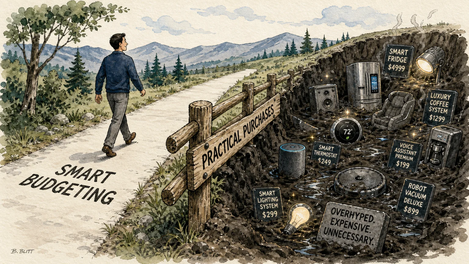 An ink and watercolor illustration of a person walking a path protected by a guardrail from a trench filled with expensive gadgets.