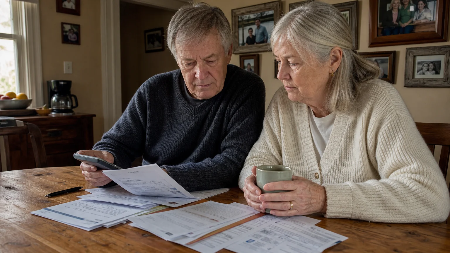 An older couple at a dining table looks over paperwork and bills under warm morning light, holding a calculator and a coffee mug.