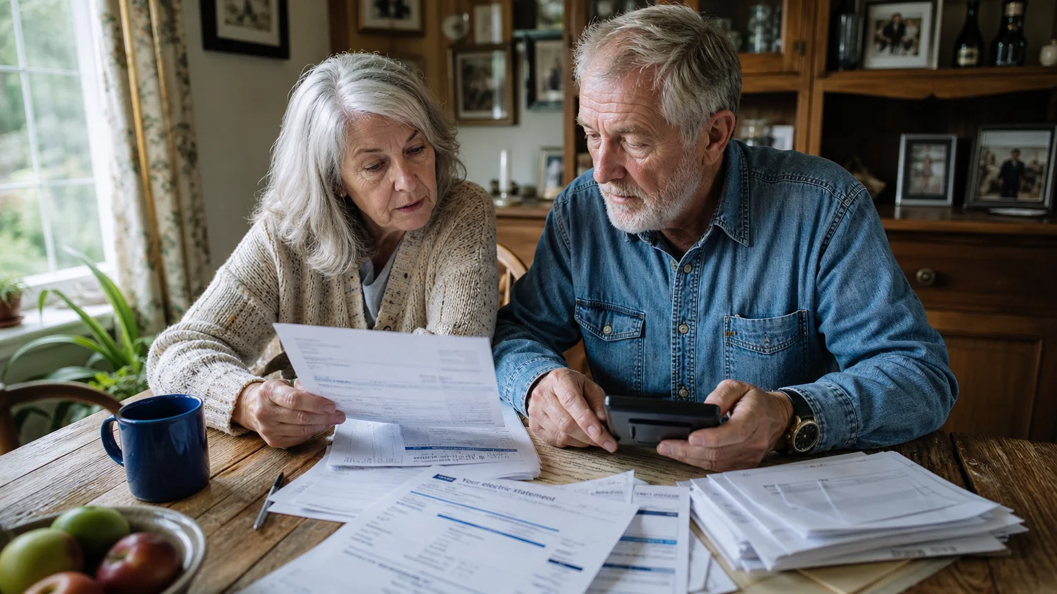 An older couple sitting at their dining room table reviewing a paper utility bill with a calculator.