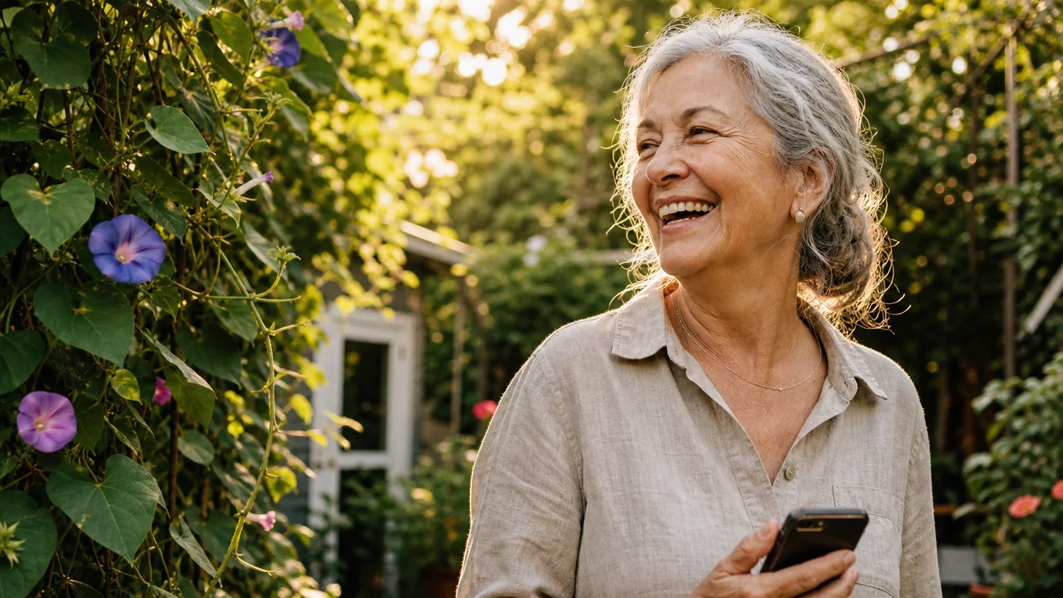 Candid photo of a smiling senior woman in a sunny garden holding her smartphone.
