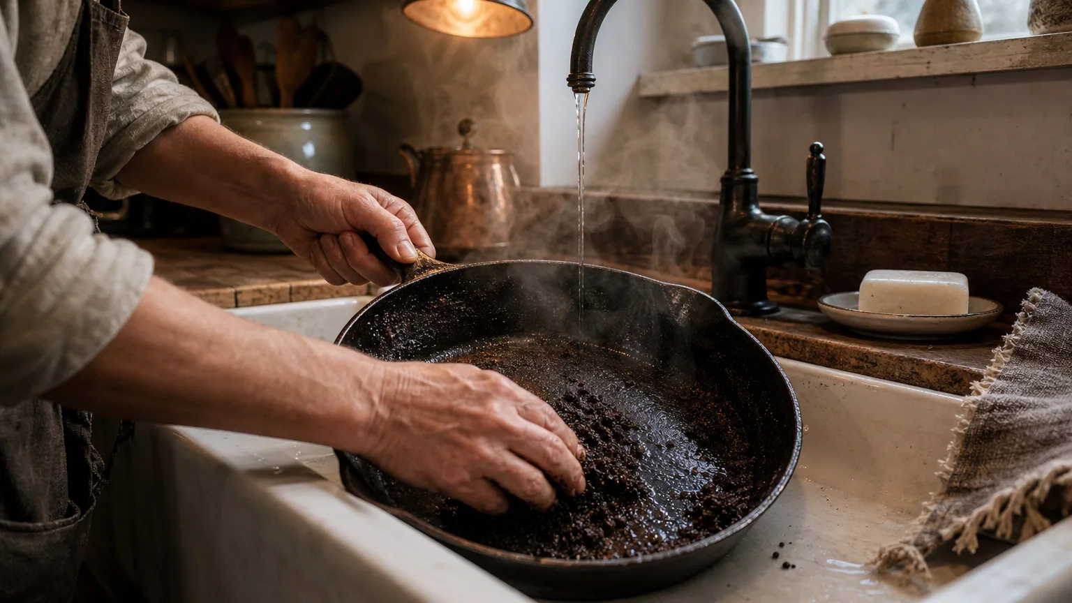 Candid photo of hands scrubbing a dark cast-iron skillet in a kitchen sink using recycled coffee grounds.