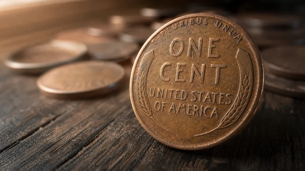 Close-up macro photograph of a rare 1909 Lincoln wheat penny on a rustic wooden table with soft morning light.