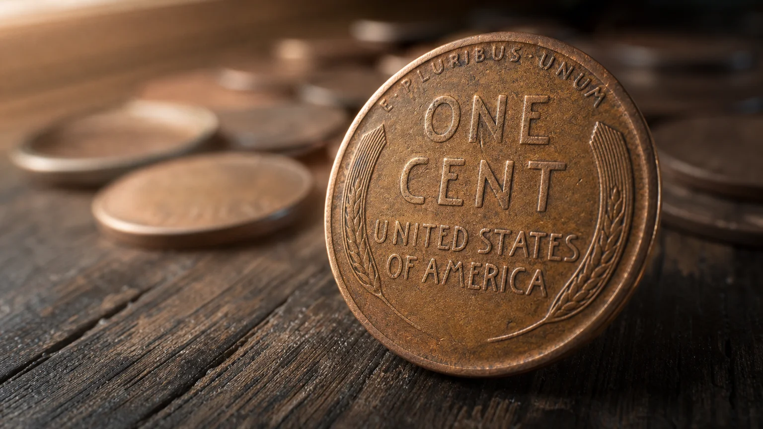Close-up macro photograph of a rare 1909 Lincoln wheat penny on a rustic wooden table with soft morning light.