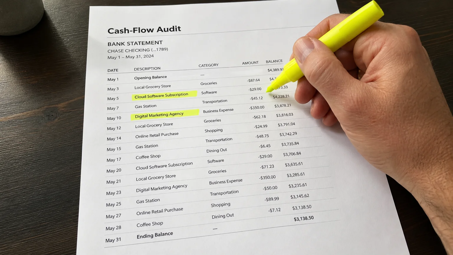 Close-up of a hand highlighting business expenses on a paper bank statement with a yellow highlighter.