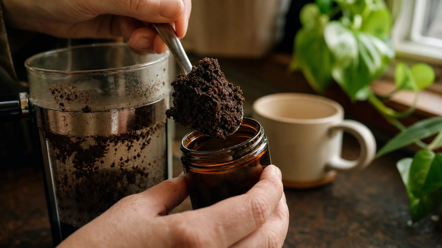 Close-up of hands scooping damp coffee grounds from a French press into an amber jar on a sunlit kitchen counter.