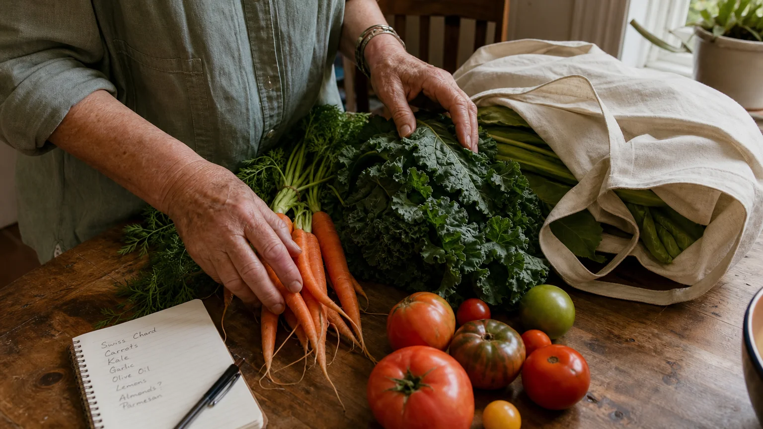 Close-up of weathered hands arranging fresh vegetables on a wooden kitchen table next to a shopping list.