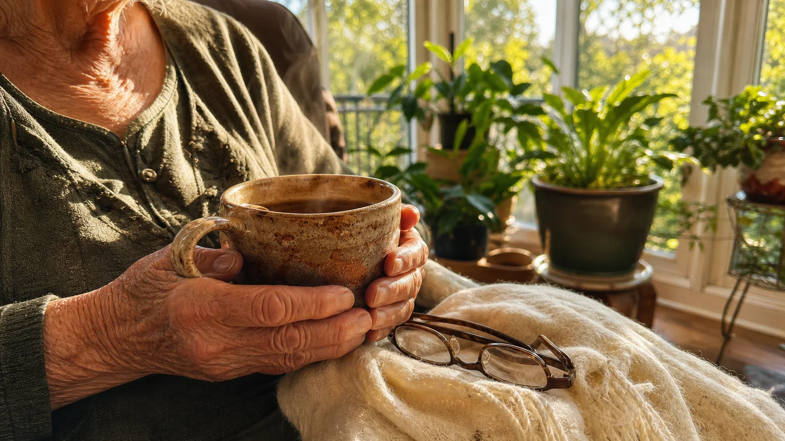 Close-up photograph of an older woman's weathered hands holding a warm ceramic mug in a sunlit room filled with houseplants.