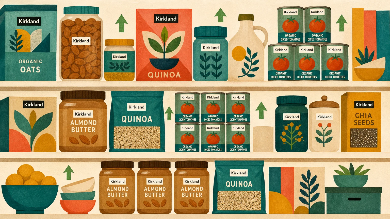 Colorful, stylized gouache illustration of a pantry stocked with Kirkland Signature staples.