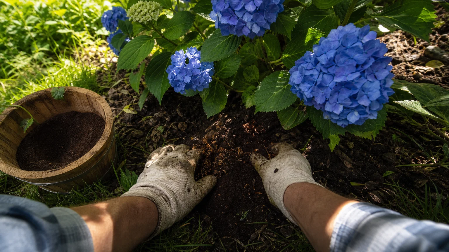 First-person view of a gardener mixing coffee grounds into the soil around a blooming blue hydrangea plant.