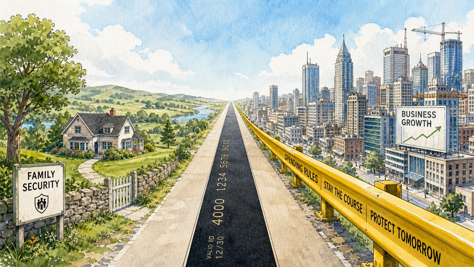 Illustration of a road shaped like a credit card strip with a yellow guardrail separating a house from a city.