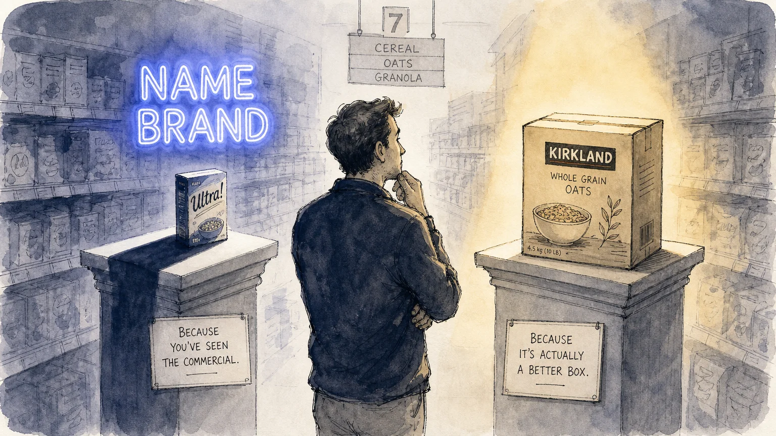 Illustration of a shopper choosing between a glowing name-brand box and a solid Kirkland box.