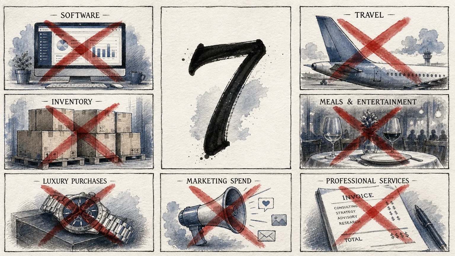 Illustration showing a grid of 7 business-related items like software and travel with red Xs over them.