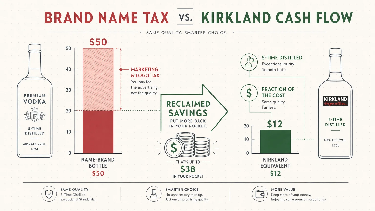 Infographic comparing the $50 brand name cost to the lower Kirkland cost, highlighting the reclaimed savings.