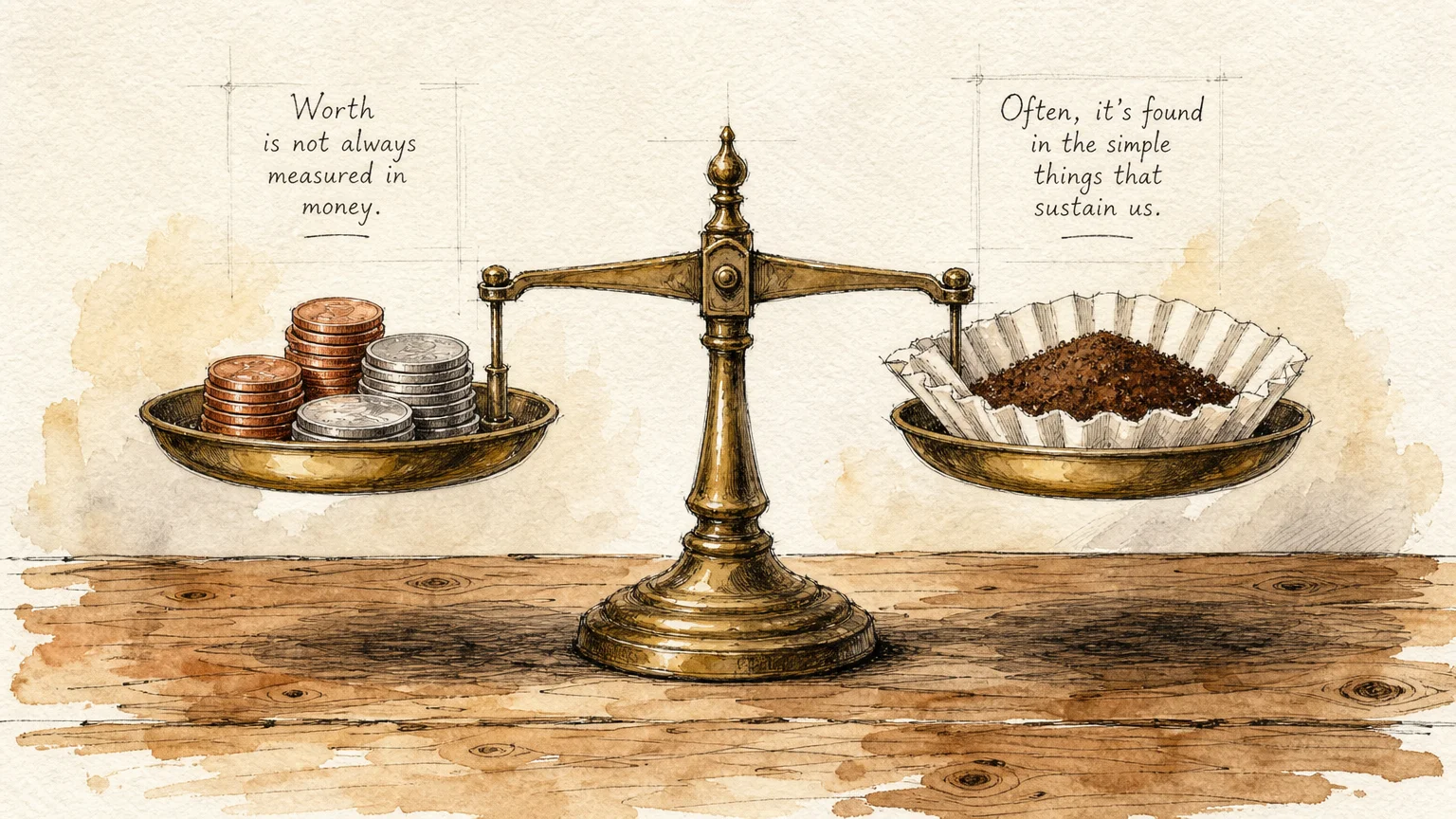 Ink and watercolor drawing of a balance scale weighing a stack of coins against a coffee filter filled with grounds.