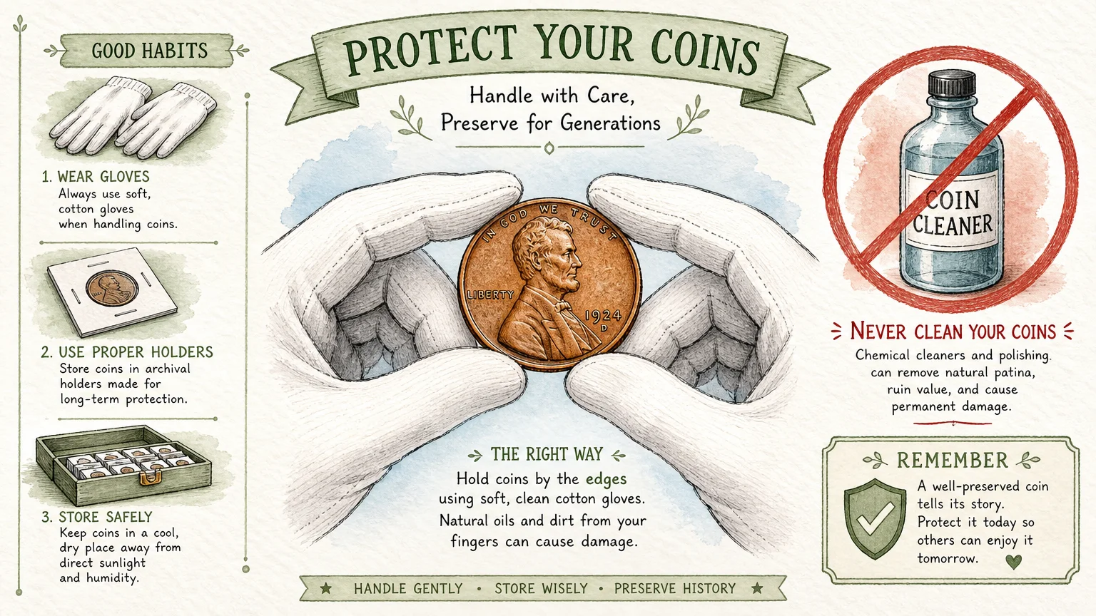 Ink and watercolor drawing of gloved hands holding a coin by the edges next to a crossed-out bottle of cleaner.