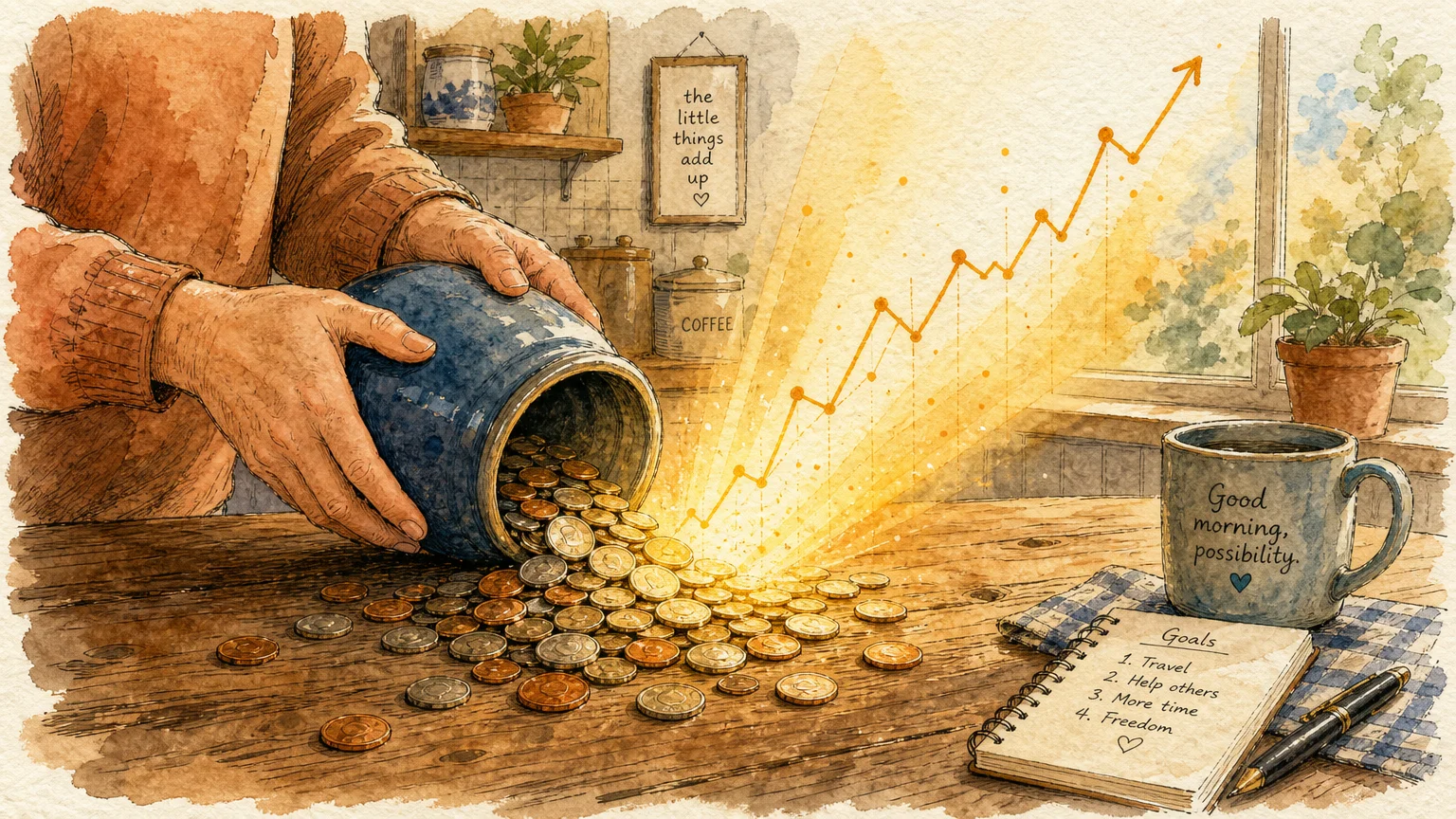 Ink and watercolor illustration of hands tipping a jar of coins on a table, with the coins glowing to symbolize hidden value.