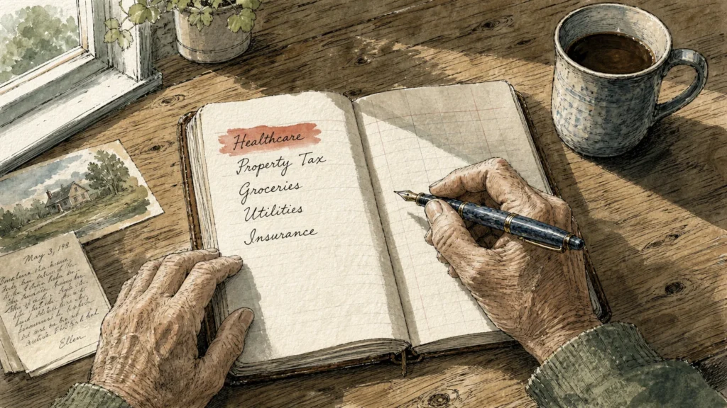 Ink and watercolor illustration of senior hands holding a pen over a ledger listing healthcare, property tax, and grocery expenses.