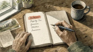 Ink and watercolor illustration of senior hands holding a pen over a ledger listing healthcare, property tax, and grocery expenses.