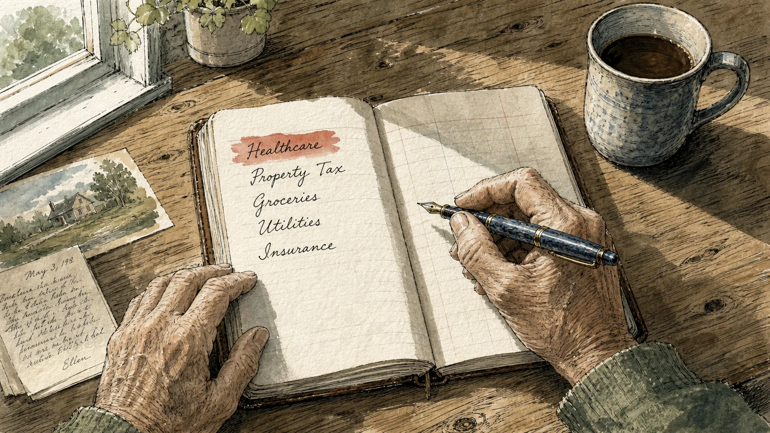 Ink and watercolor illustration of senior hands holding a pen over a ledger listing healthcare, property tax, and grocery expenses.