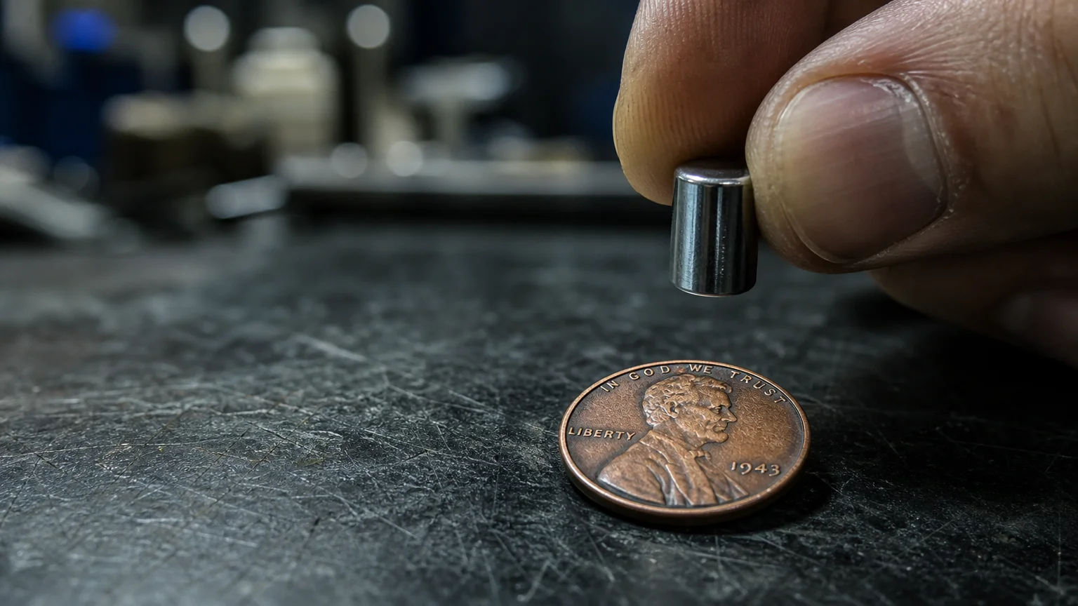 Macro photograph of a magnet being held over a 1943 penny to test its steel content.