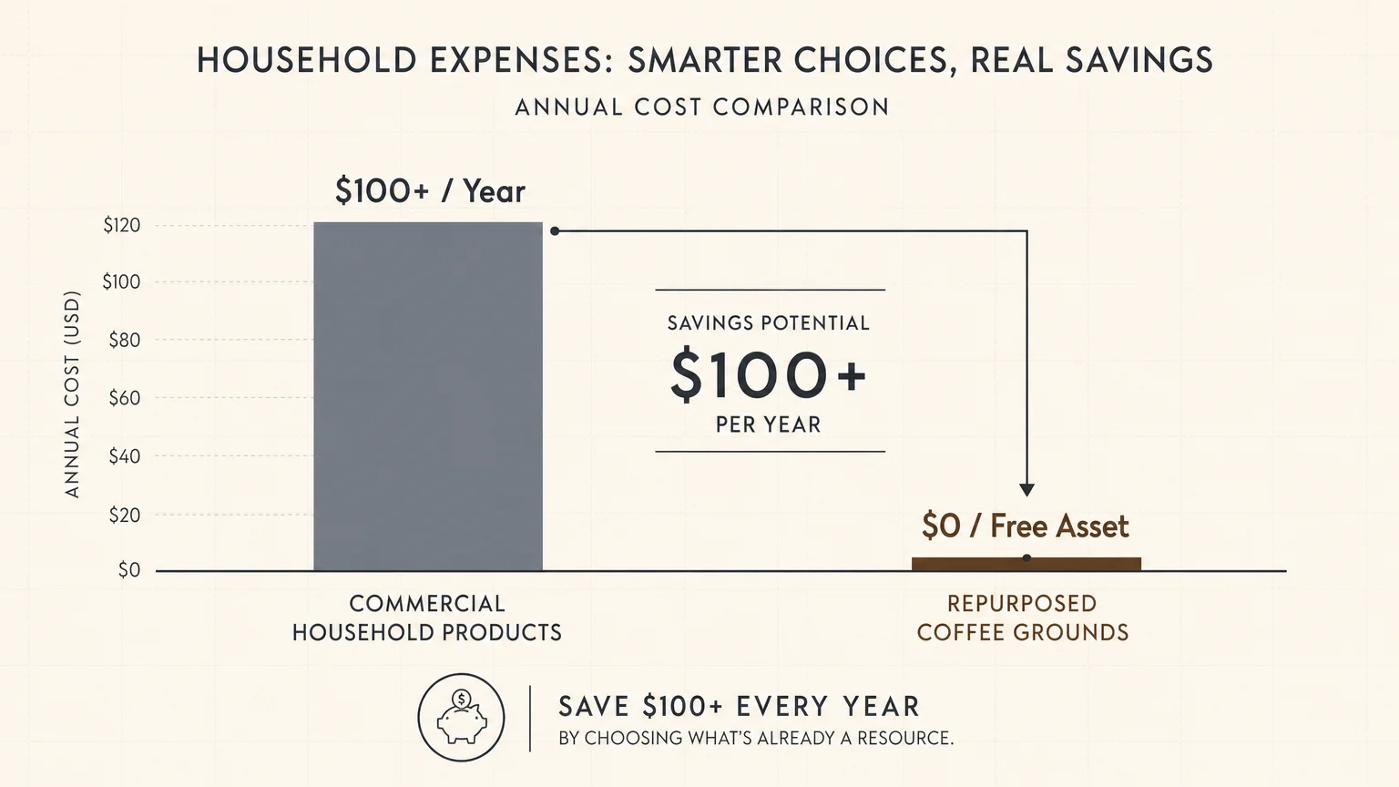Minimalist diagram comparing $100 spent on commercial products versus $0 spent by repurposing coffee grounds.