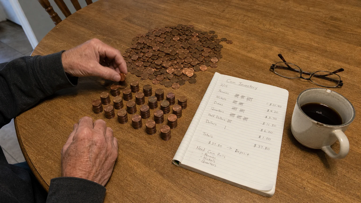 Overhead smartphone-style photo of hands sorting stacks of pennies on a kitchen table next to an inventory notebook.